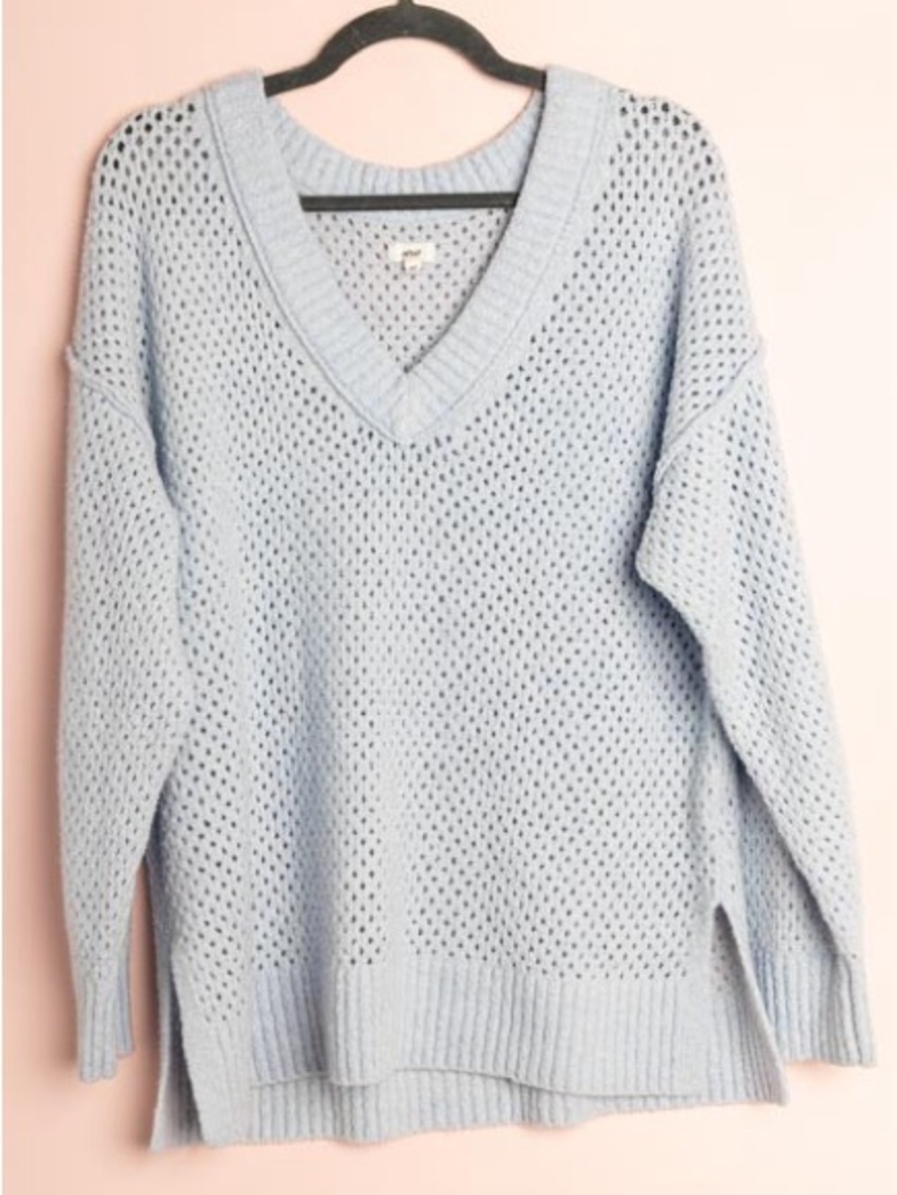 aerie Light Blue Open-Weave V-Neck Sweater